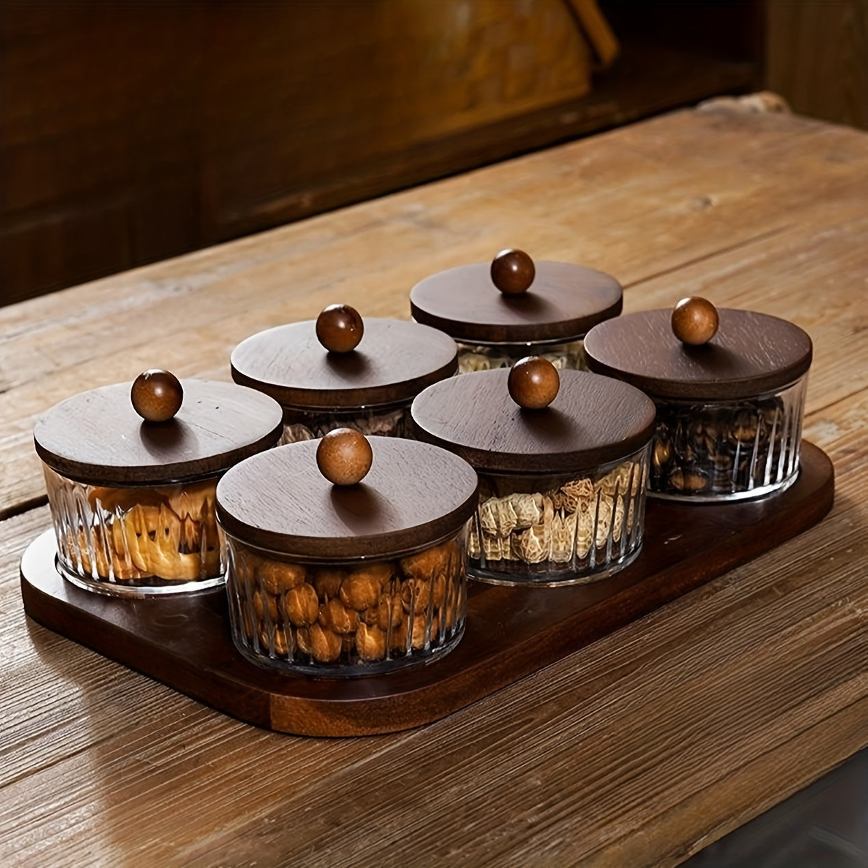 Snack Serving Tray, choose between 3, 4 or 6 glass dishes with acacia wood lids and tray