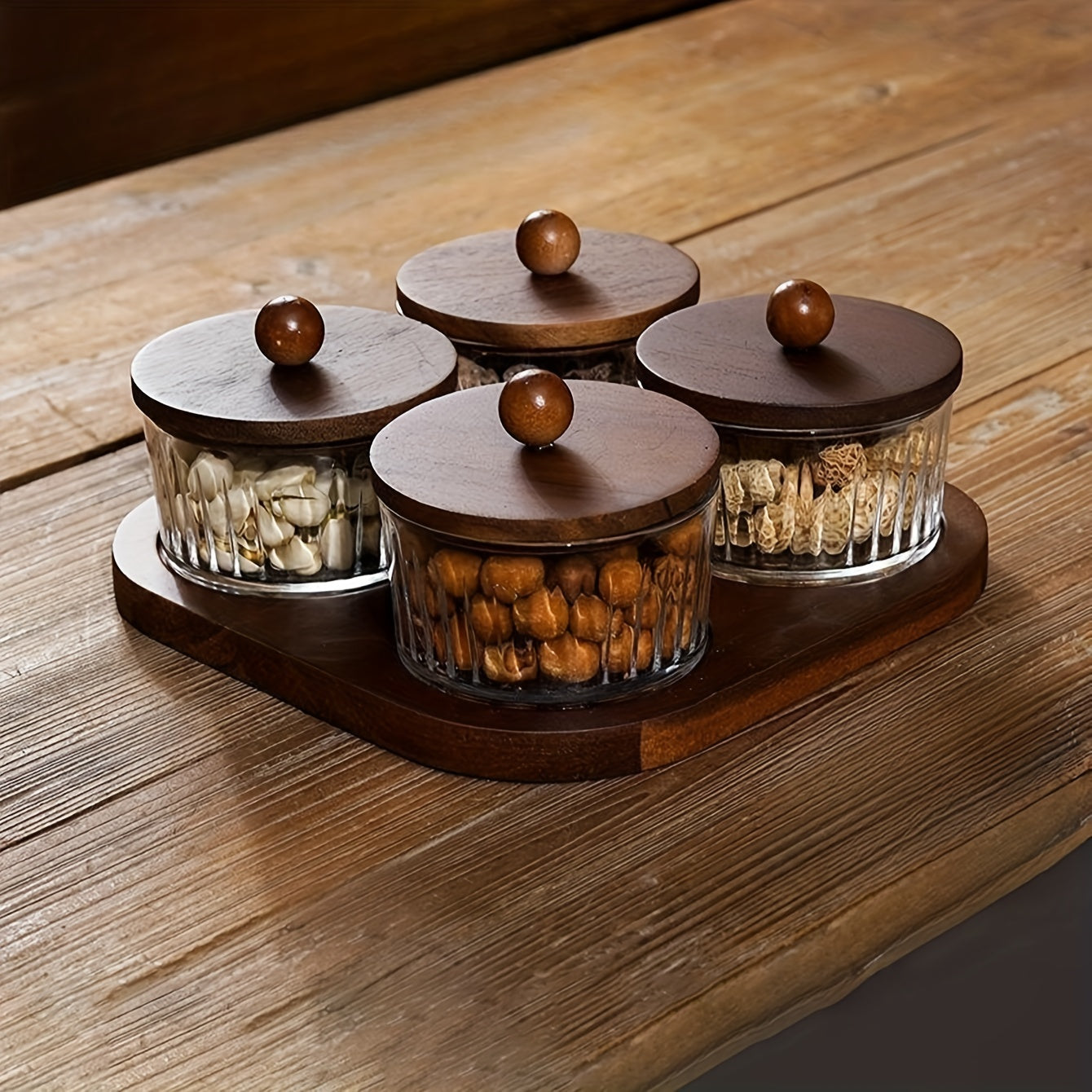 Snack Serving Tray, choose between 3, 4 or 6 glass dishes with acacia wood lids and tray