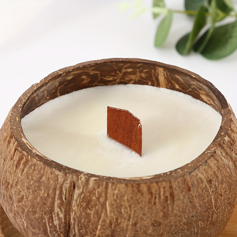 Handcrafted Natural Coconut Shell Candle with Smokeless Soy Wax & Wooden Aroma