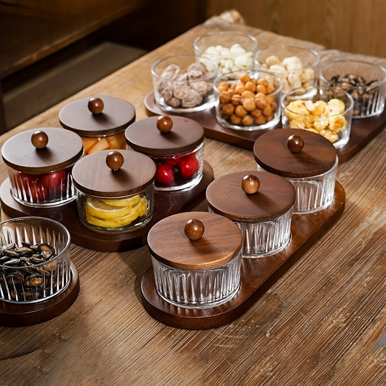 Snack Serving Tray, choose between 3, 4 or 6 glass dishes with acacia wood lids and tray
