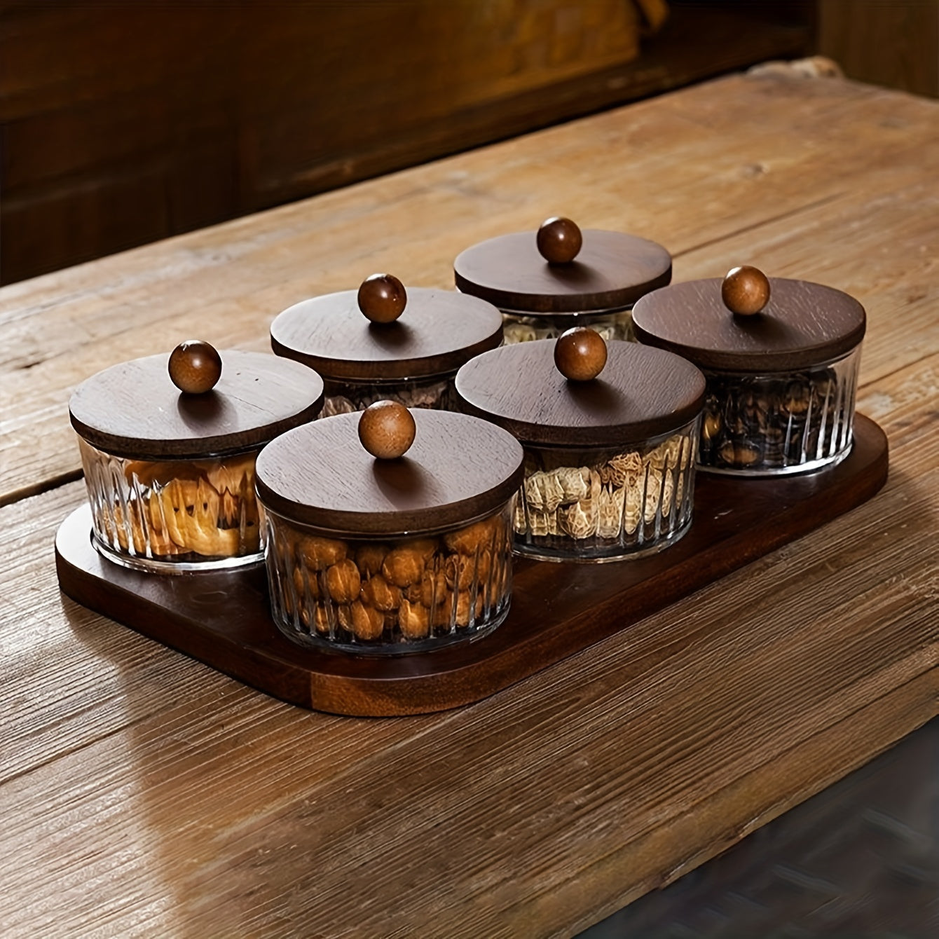 Snack Serving Tray, choose between 3, 4 or 6 glass dishes with acacia wood lids and tray