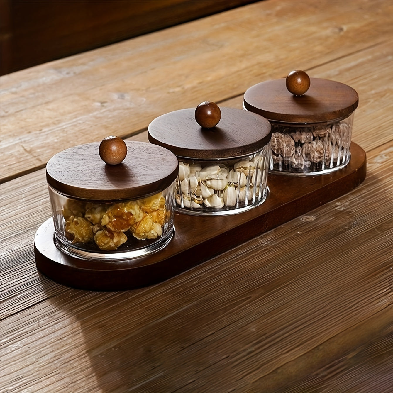 Snack Serving Tray, choose between 3, 4 or 6 glass dishes with acacia wood lids and tray
